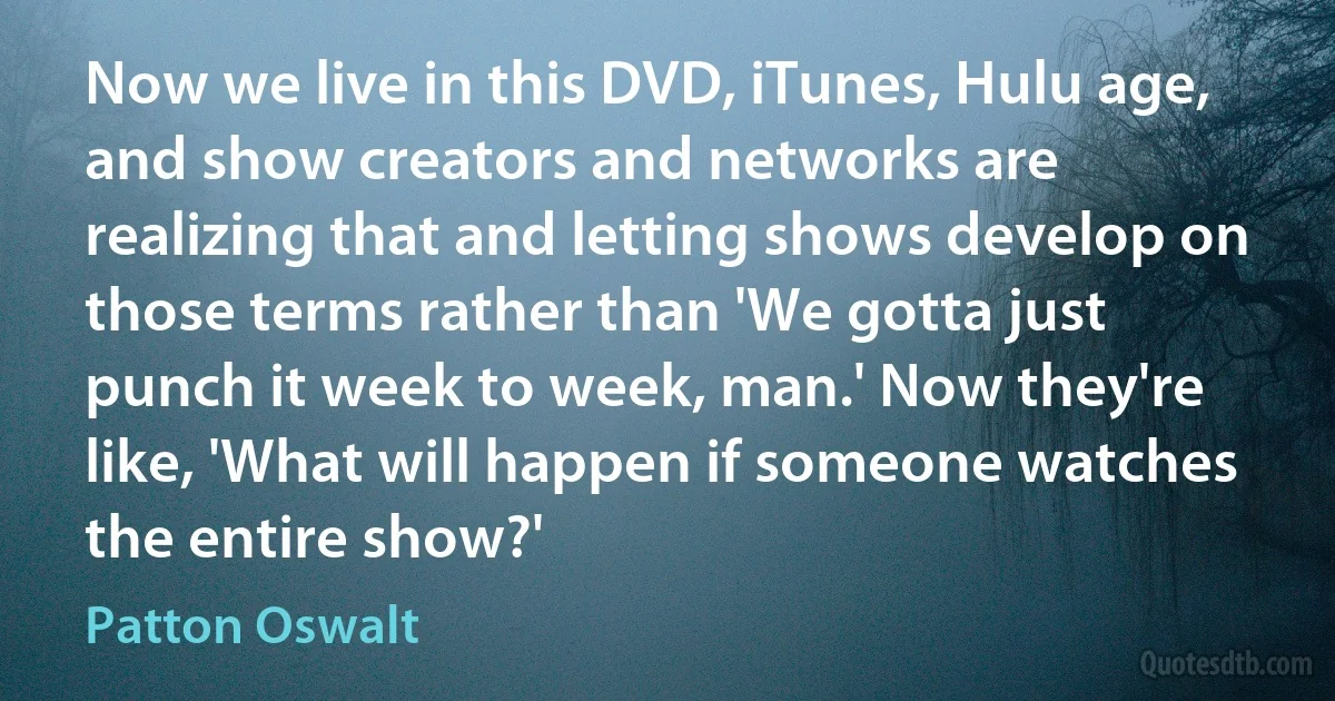 Now we live in this DVD, iTunes, Hulu age, and show creators and networks are realizing that and letting shows develop on those terms rather than 'We gotta just punch it week to week, man.' Now they're like, 'What will happen if someone watches the entire show?' (Patton Oswalt)