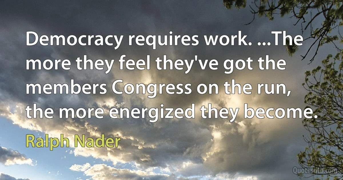 Democracy requires work. ...The more they feel they've got the members Congress on the run, the more energized they become. (Ralph Nader)