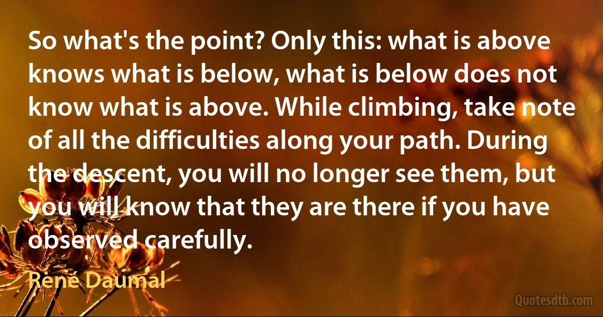 So what's the point? Only this: what is above knows what is below, what is below does not know what is above. While climbing, take note of all the difficulties along your path. During the descent, you will no longer see them, but you will know that they are there if you have observed carefully. (René Daumal)