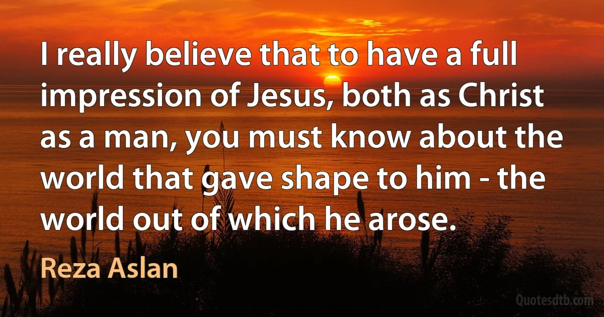 I really believe that to have a full impression of Jesus, both as Christ as a man, you must know about the world that gave shape to him - the world out of which he arose. (Reza Aslan)