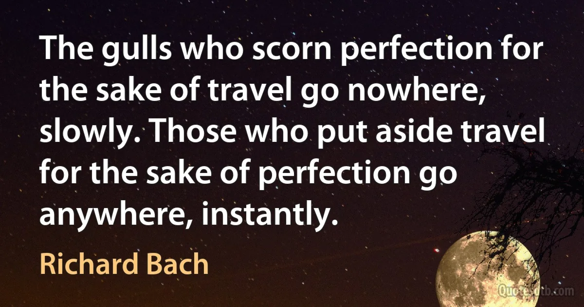 The gulls who scorn perfection for the sake of travel go nowhere, slowly. Those who put aside travel for the sake of perfection go anywhere, instantly. (Richard Bach)