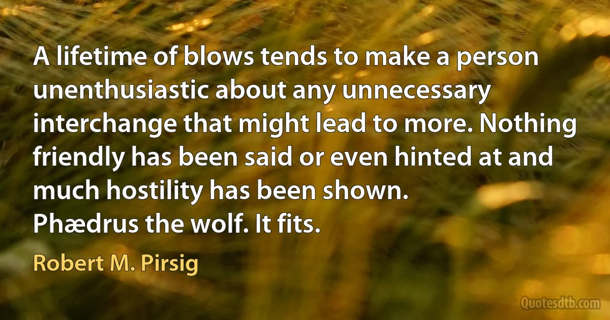 A lifetime of blows tends to make a person unenthusiastic about any unnecessary interchange that might lead to more. Nothing friendly has been said or even hinted at and much hostility has been shown.
Phædrus the wolf. It fits. (Robert M. Pirsig)