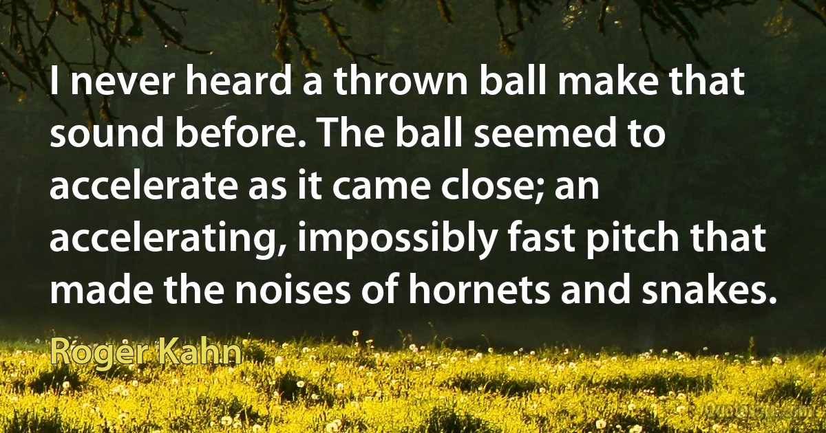 I never heard a thrown ball make that sound before. The ball seemed to accelerate as it came close; an accelerating, impossibly fast pitch that made the noises of hornets and snakes. (Roger Kahn)