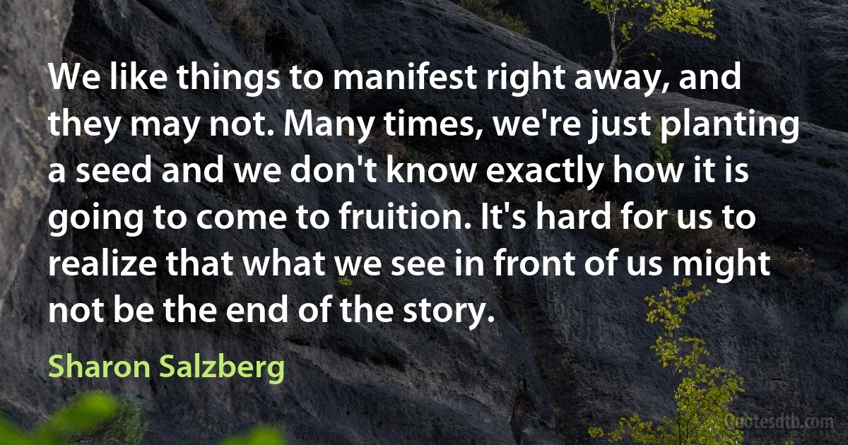 We like things to manifest right away, and they may not. Many times, we're just planting a seed and we don't know exactly how it is going to come to fruition. It's hard for us to realize that what we see in front of us might not be the end of the story. (Sharon Salzberg)