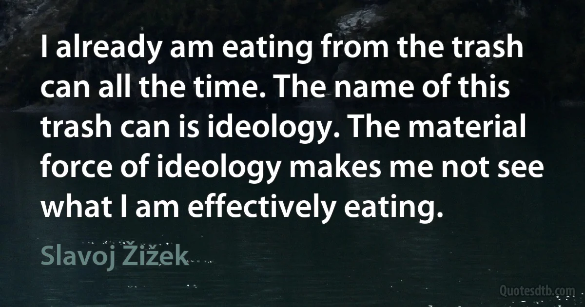 I already am eating from the trash can all the time. The name of this trash can is ideology. The material force of ideology makes me not see what I am effectively eating. (Slavoj Žižek)