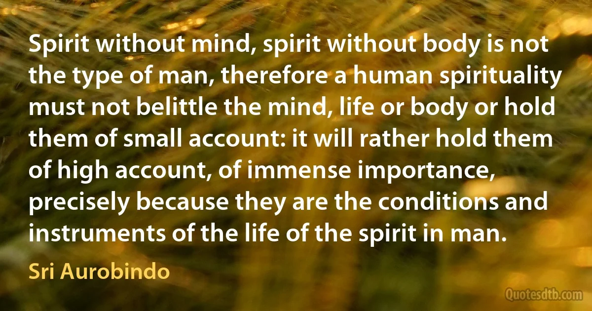 Spirit without mind, spirit without body is not the type of man, therefore a human spirituality must not belittle the mind, life or body or hold them of small account: it will rather hold them of high account, of immense importance, precisely because they are the conditions and instruments of the life of the spirit in man. (Sri Aurobindo)