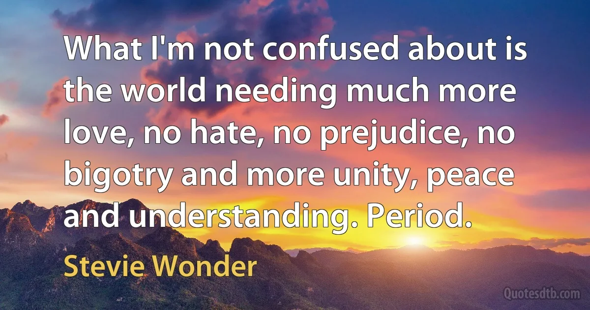 What I'm not confused about is the world needing much more love, no hate, no prejudice, no bigotry and more unity, peace and understanding. Period. (Stevie Wonder)