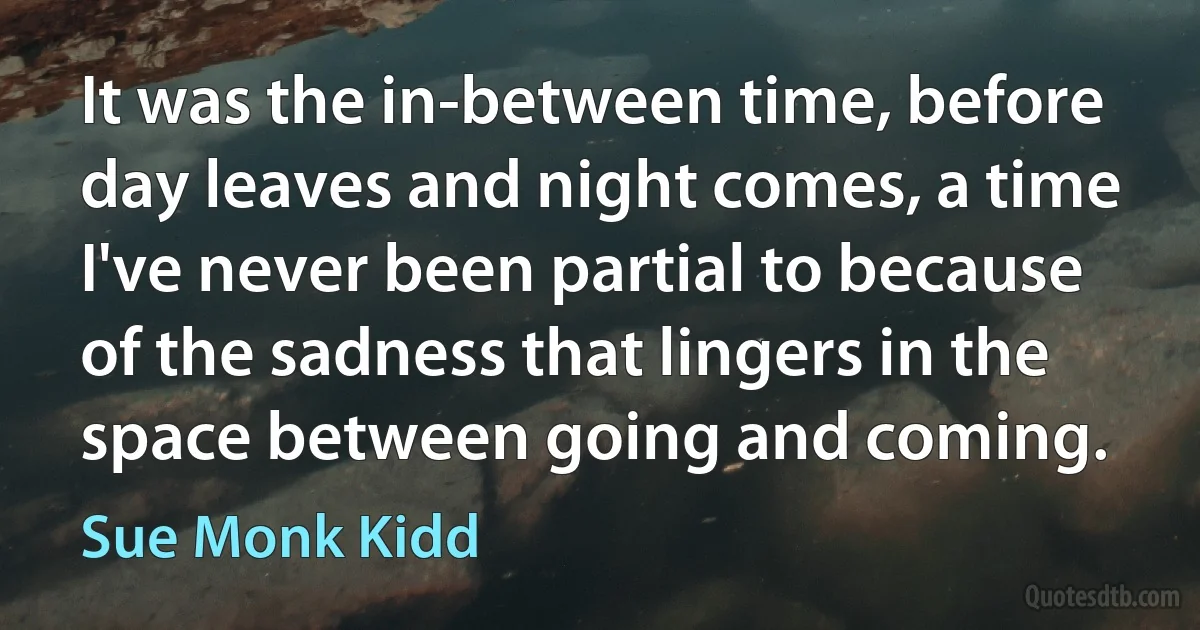 It was the in-between time, before day leaves and night comes, a time I've never been partial to because of the sadness that lingers in the space between going and coming. (Sue Monk Kidd)