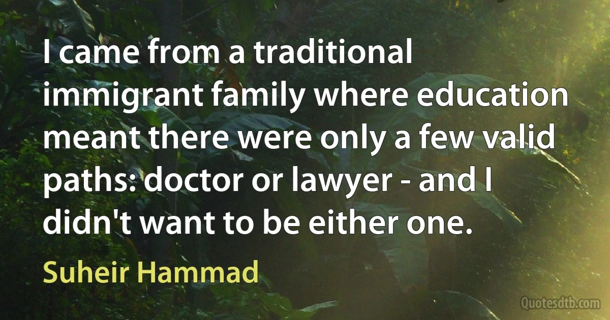 I came from a traditional immigrant family where education meant there were only a few valid paths: doctor or lawyer - and I didn't want to be either one. (Suheir Hammad)