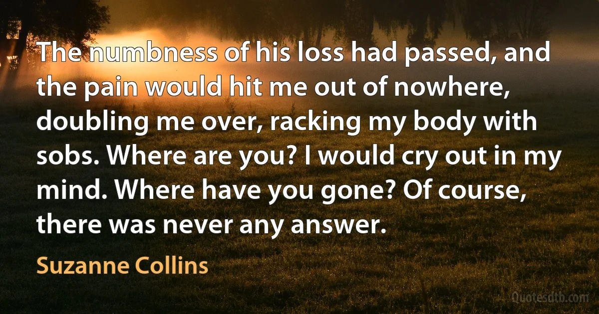 The numbness of his loss had passed, and the pain would hit me out of nowhere, doubling me over, racking my body with sobs. Where are you? I would cry out in my mind. Where have you gone? Of course, there was never any answer. (Suzanne Collins)