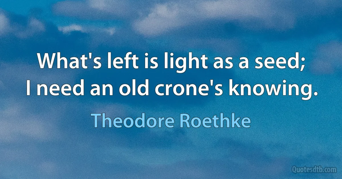 What's left is light as a seed;
I need an old crone's knowing. (Theodore Roethke)