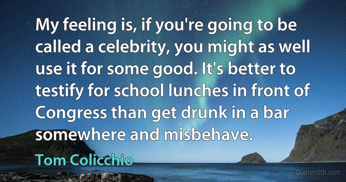 My feeling is, if you're going to be called a celebrity, you might as well use it for some good. It's better to testify for school lunches in front of Congress than get drunk in a bar somewhere and misbehave. (Tom Colicchio)