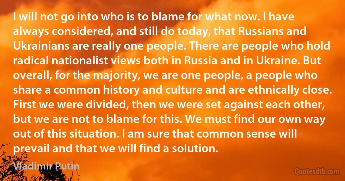 I will not go into who is to blame for what now. I have always considered, and still do today, that Russians and Ukrainians are really one people. There are people who hold radical nationalist views both in Russia and in Ukraine. But overall, for the majority, we are one people, a people who share a common history and culture and are ethnically close. First we were divided, then we were set against each other, but we are not to blame for this. We must find our own way out of this situation. I am sure that common sense will prevail and that we will find a solution. (Vladimir Putin)