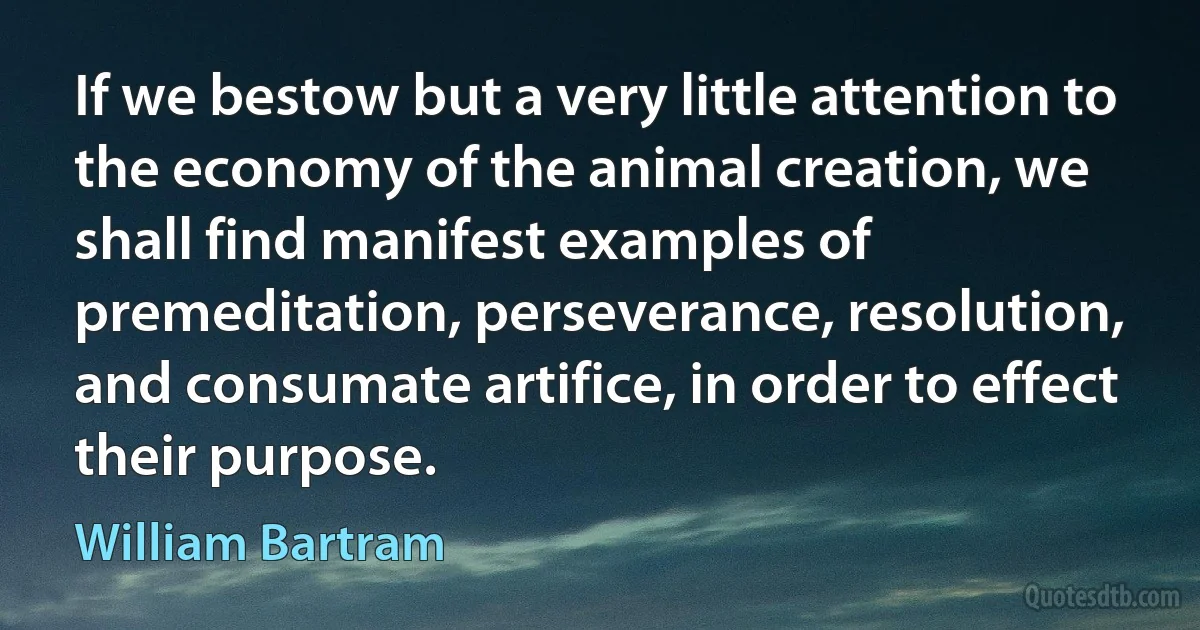 If we bestow but a very little attention to the economy of the animal creation, we shall find manifest examples of premeditation, perseverance, resolution, and consumate artifice, in order to effect their purpose. (William Bartram)