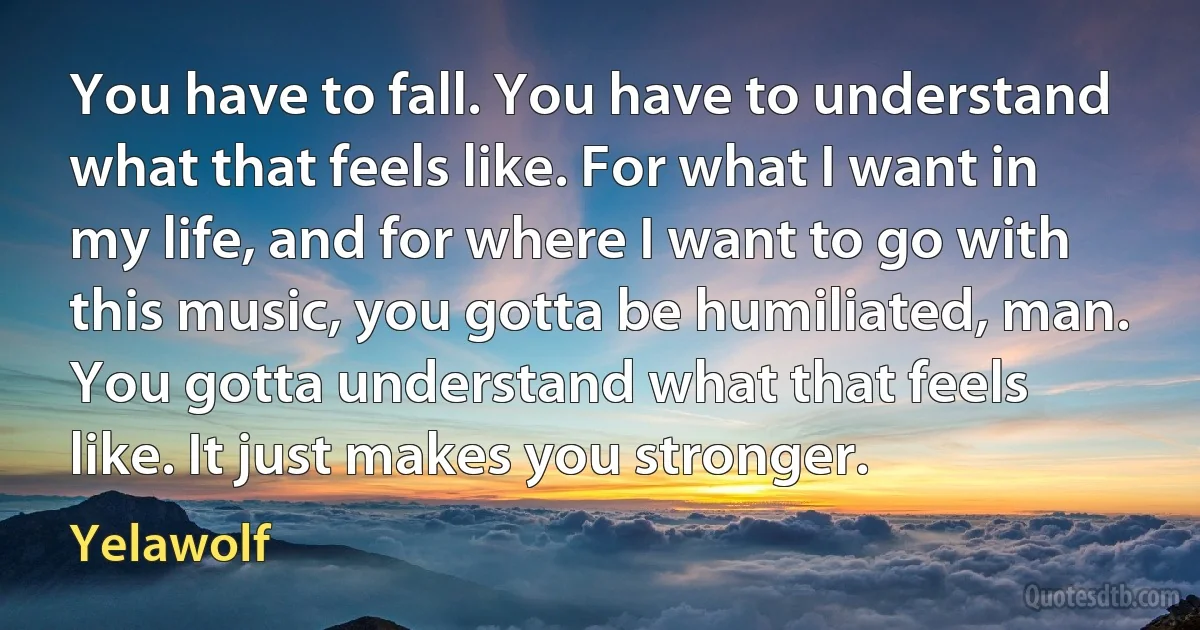 You have to fall. You have to understand what that feels like. For what I want in my life, and for where I want to go with this music, you gotta be humiliated, man. You gotta understand what that feels like. It just makes you stronger. (Yelawolf)