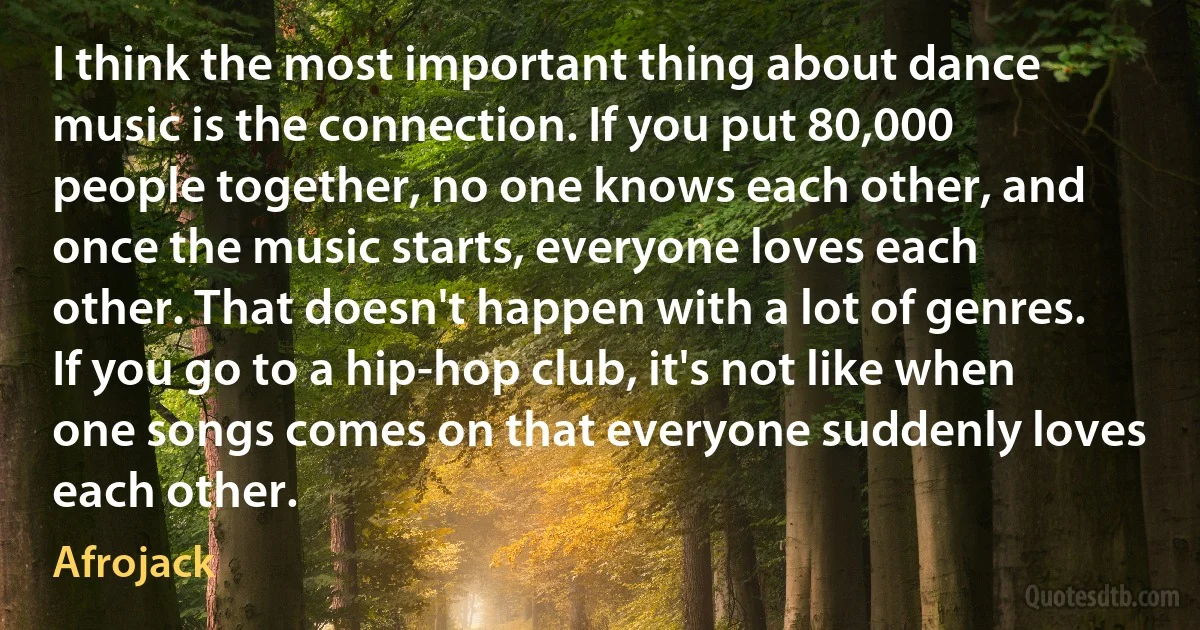 I think the most important thing about dance music is the connection. If you put 80,000 people together, no one knows each other, and once the music starts, everyone loves each other. That doesn't happen with a lot of genres. If you go to a hip-hop club, it's not like when one songs comes on that everyone suddenly loves each other. (Afrojack)