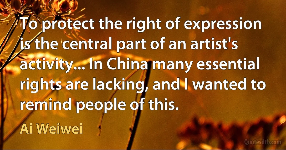 To protect the right of expression is the central part of an artist's activity... In China many essential rights are lacking, and I wanted to remind people of this. (Ai Weiwei)