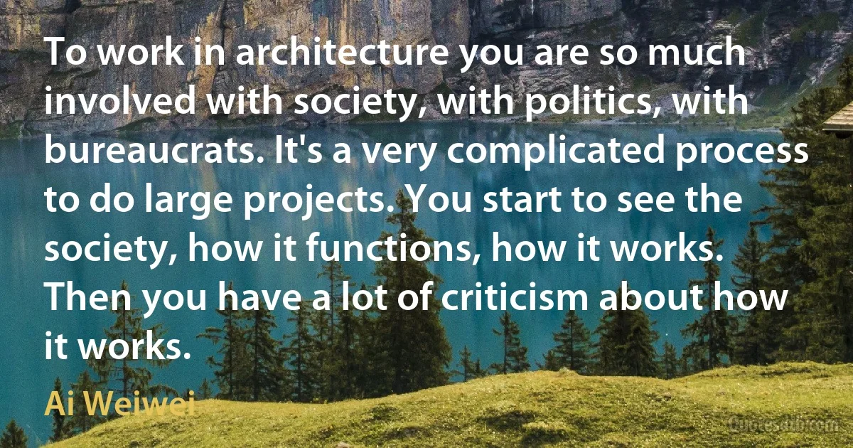 To work in architecture you are so much involved with society, with politics, with bureaucrats. It's a very complicated process to do large projects. You start to see the society, how it functions, how it works. Then you have a lot of criticism about how it works. (Ai Weiwei)