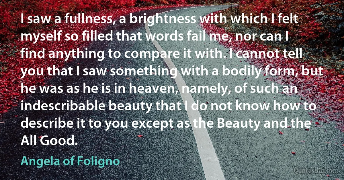 I saw a fullness, a brightness with which I felt myself so filled that words fail me, nor can I find anything to compare it with. I cannot tell you that I saw something with a bodily form, but he was as he is in heaven, namely, of such an indescribable beauty that I do not know how to describe it to you except as the Beauty and the All Good. (Angela of Foligno)