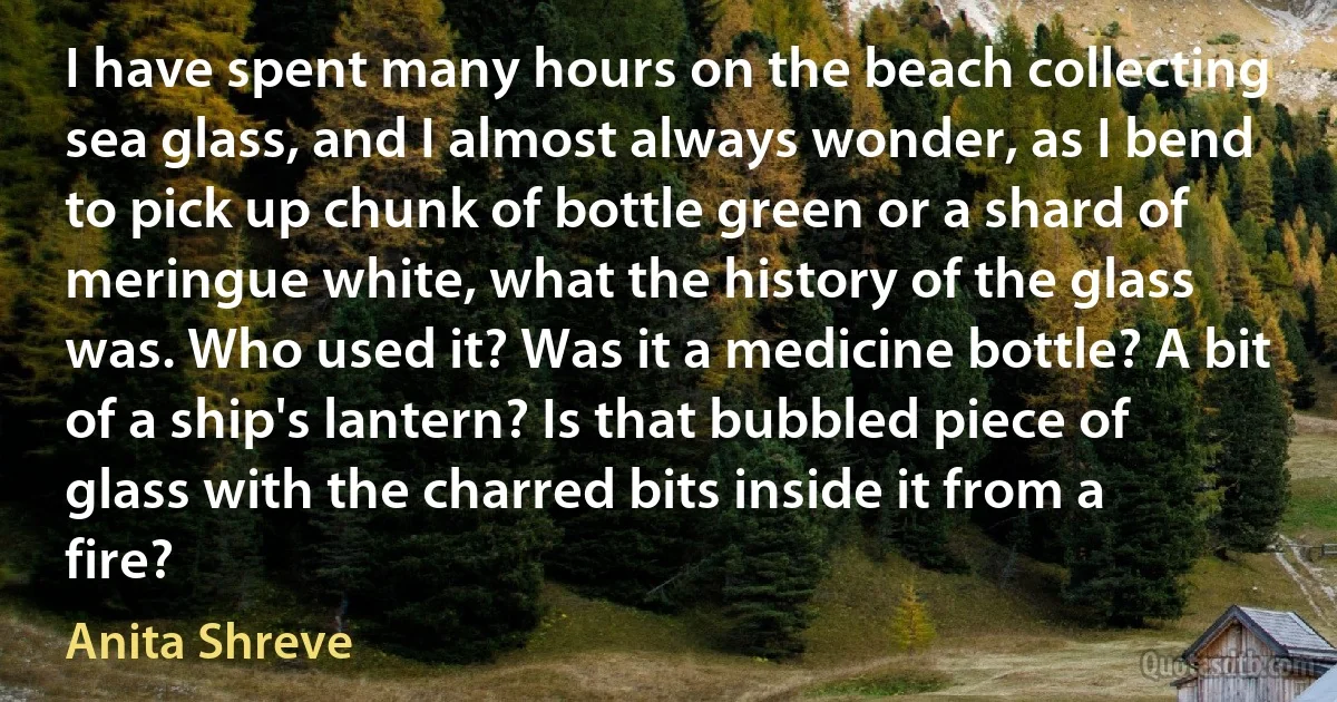 I have spent many hours on the beach collecting sea glass, and I almost always wonder, as I bend to pick up chunk of bottle green or a shard of meringue white, what the history of the glass was. Who used it? Was it a medicine bottle? A bit of a ship's lantern? Is that bubbled piece of glass with the charred bits inside it from a fire? (Anita Shreve)