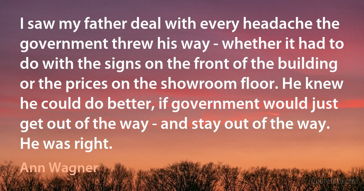 I saw my father deal with every headache the government threw his way - whether it had to do with the signs on the front of the building or the prices on the showroom floor. He knew he could do better, if government would just get out of the way - and stay out of the way. He was right. (Ann Wagner)