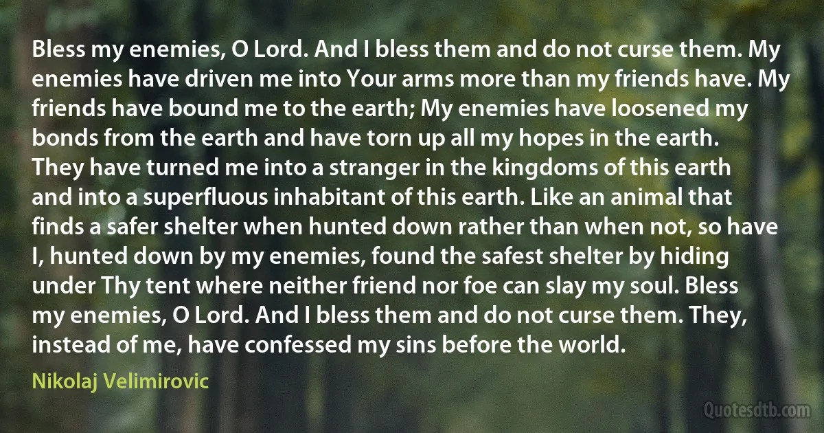 Bless my enemies, O Lord. And I bless them and do not curse them. My enemies have driven me into Your arms more than my friends have. My friends have bound me to the earth; My enemies have loosened my bonds from the earth and have torn up all my hopes in the earth. They have turned me into a stranger in the kingdoms of this earth and into a superfluous inhabitant of this earth. Like an animal that finds a safer shelter when hunted down rather than when not, so have I, hunted down by my enemies, found the safest shelter by hiding under Thy tent where neither friend nor foe can slay my soul. Bless my enemies, O Lord. And I bless them and do not curse them. They, instead of me, have confessed my sins before the world. (Nikolaj Velimirovic)
