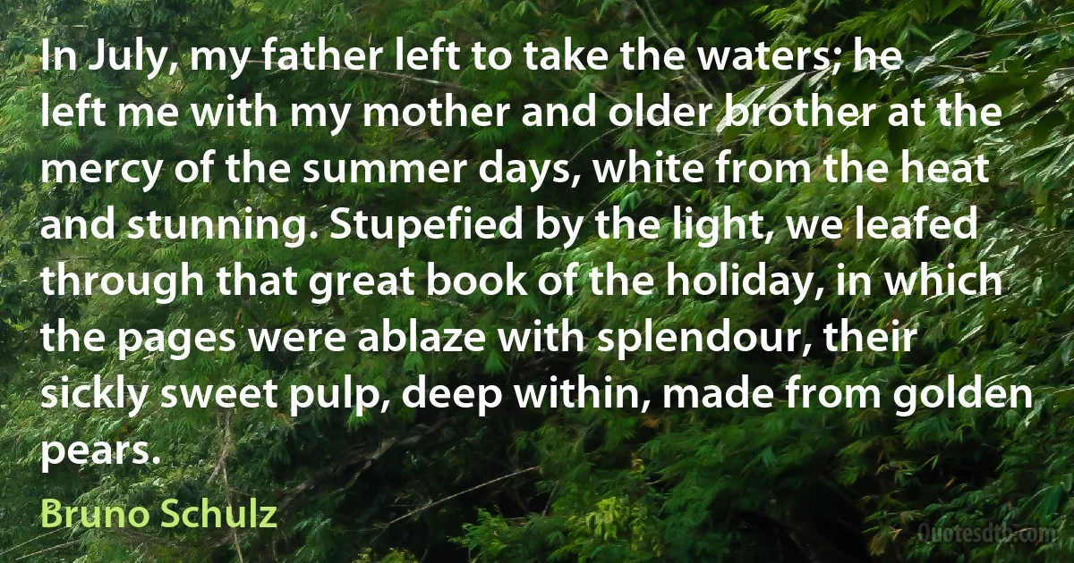 In July, my father left to take the waters; he left me with my mother and older brother at the mercy of the summer days, white from the heat and stunning. Stupefied by the light, we leafed through that great book of the holiday, in which the pages were ablaze with splendour, their sickly sweet pulp, deep within, made from golden pears. (Bruno Schulz)