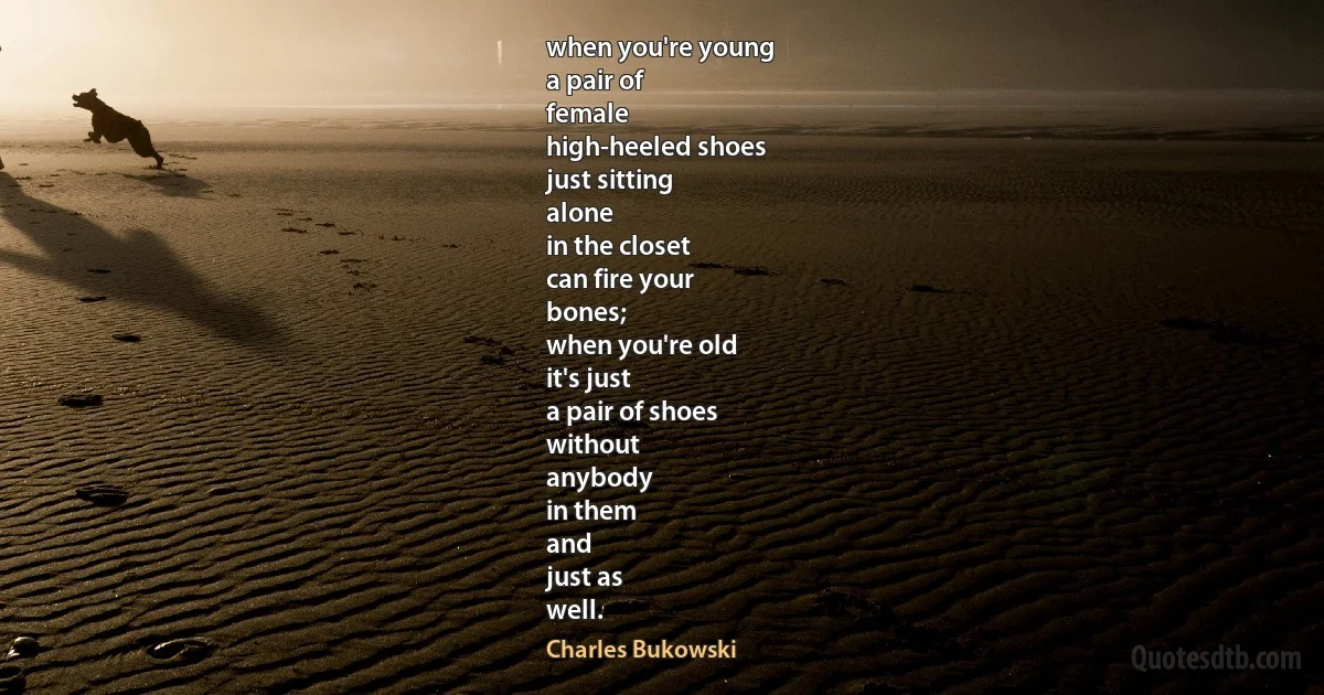 when you're young
a pair of
female
high-heeled shoes
just sitting
alone
in the closet
can fire your
bones;
when you're old
it's just
a pair of shoes
without
anybody
in them
and
just as
well. (Charles Bukowski)