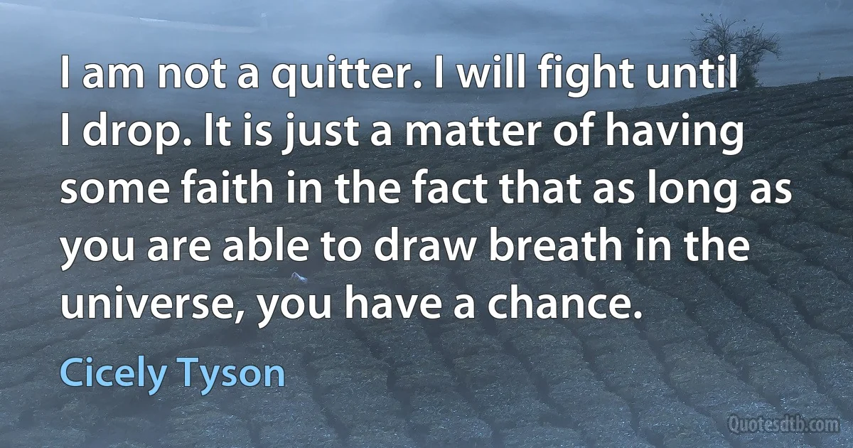 I am not a quitter. I will fight until I drop. It is just a matter of having some faith in the fact that as long as you are able to draw breath in the universe, you have a chance. (Cicely Tyson)