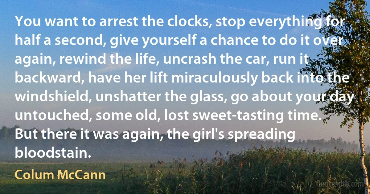 You want to arrest the clocks, stop everything for half a second, give yourself a chance to do it over again, rewind the life, uncrash the car, run it backward, have her lift miraculously back into the windshield, unshatter the glass, go about your day untouched, some old, lost sweet-tasting time.
But there it was again, the girl's spreading bloodstain. (Colum McCann)