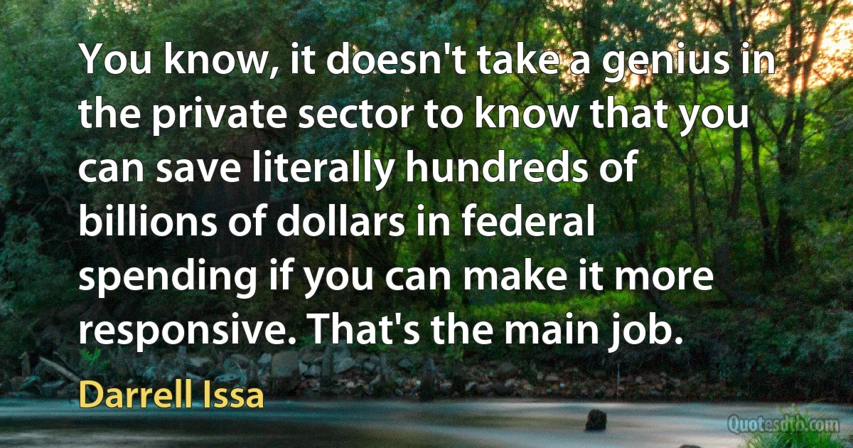 You know, it doesn't take a genius in the private sector to know that you can save literally hundreds of billions of dollars in federal spending if you can make it more responsive. That's the main job. (Darrell Issa)