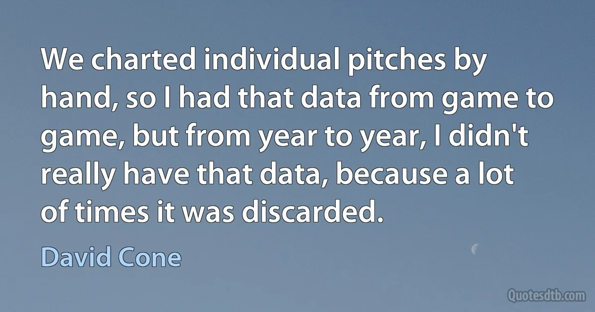 We charted individual pitches by hand, so I had that data from game to game, but from year to year, I didn't really have that data, because a lot of times it was discarded. (David Cone)