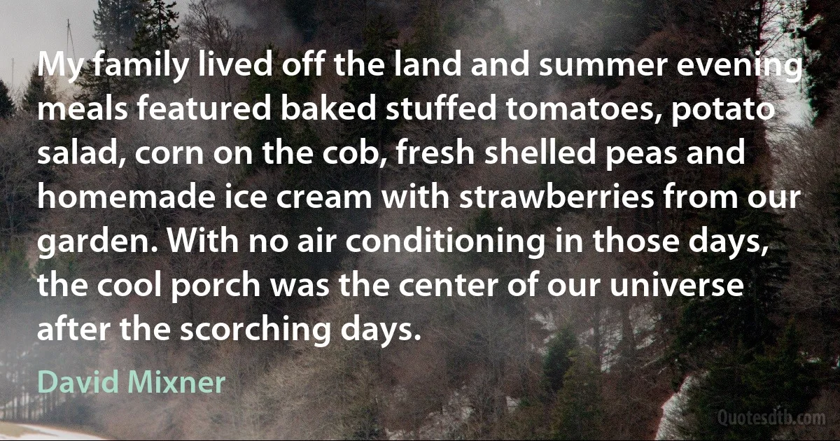 My family lived off the land and summer evening meals featured baked stuffed tomatoes, potato salad, corn on the cob, fresh shelled peas and homemade ice cream with strawberries from our garden. With no air conditioning in those days, the cool porch was the center of our universe after the scorching days. (David Mixner)