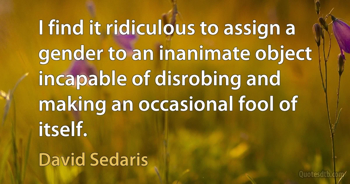 I find it ridiculous to assign a gender to an inanimate object incapable of disrobing and making an occasional fool of itself. (David Sedaris)