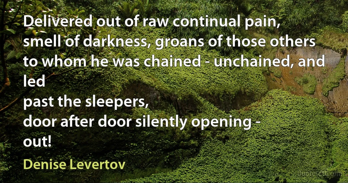 Delivered out of raw continual pain,
smell of darkness, groans of those others
to whom he was chained - unchained, and led
past the sleepers,
door after door silently opening -
out! (Denise Levertov)