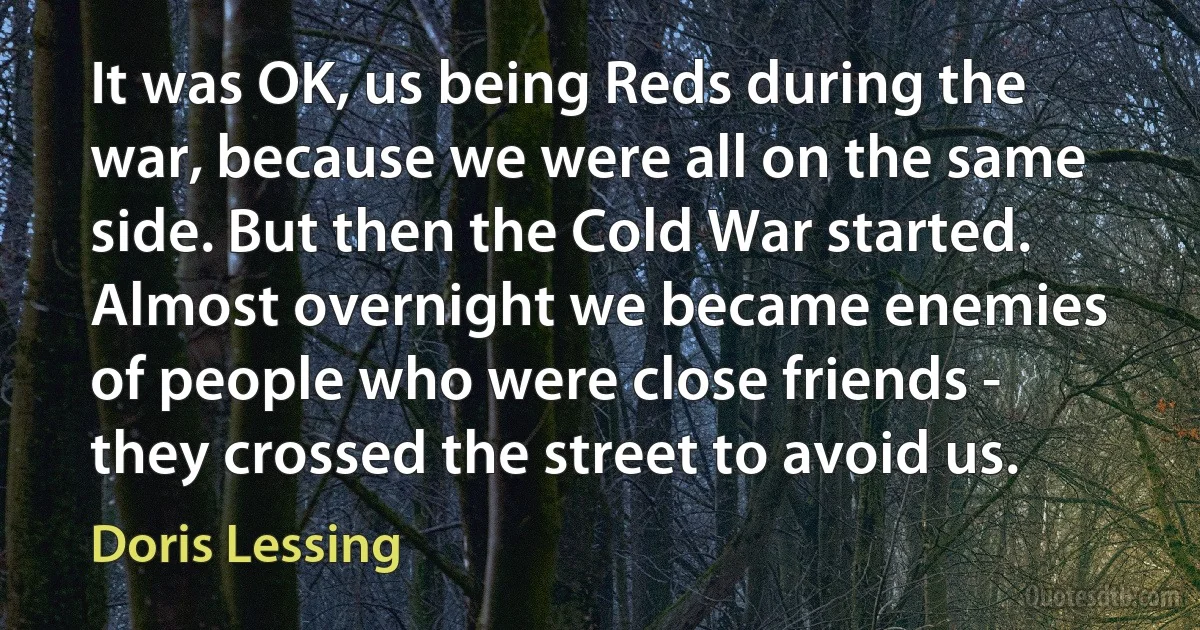 It was OK, us being Reds during the war, because we were all on the same side. But then the Cold War started. Almost overnight we became enemies of people who were close friends - they crossed the street to avoid us. (Doris Lessing)