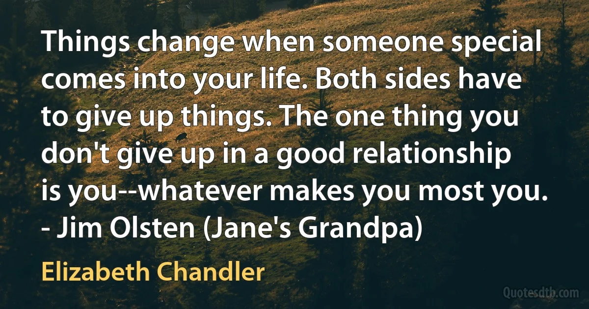 Things change when someone special comes into your life. Both sides have to give up things. The one thing you don't give up in a good relationship is you--whatever makes you most you. - Jim Olsten (Jane's Grandpa) (Elizabeth Chandler)