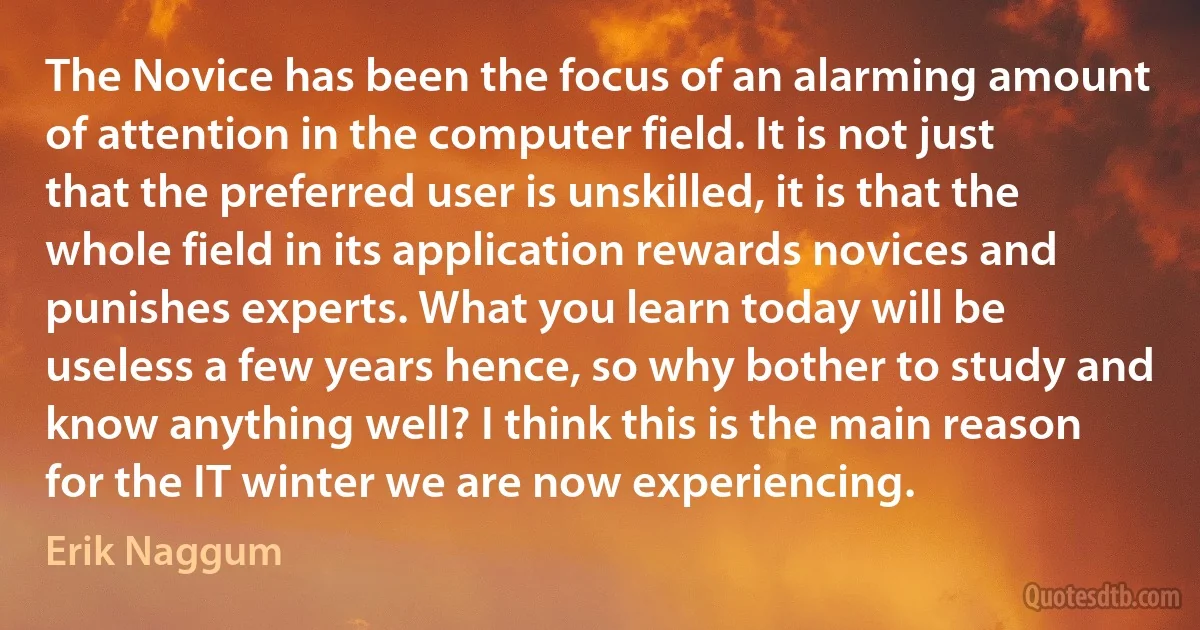 The Novice has been the focus of an alarming amount of attention in the computer field. It is not just that the preferred user is unskilled, it is that the whole field in its application rewards novices and punishes experts. What you learn today will be useless a few years hence, so why bother to study and know anything well? I think this is the main reason for the IT winter we are now experiencing. (Erik Naggum)