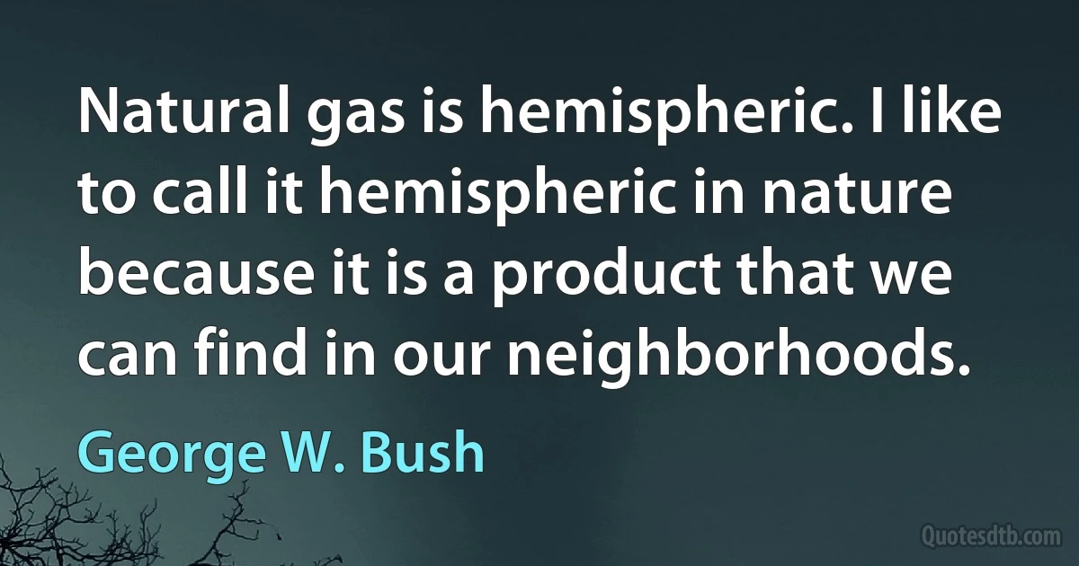 Natural gas is hemispheric. I like to call it hemispheric in nature because it is a product that we can find in our neighborhoods. (George W. Bush)