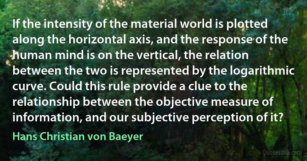 If the intensity of the material world is plotted along the horizontal axis, and the response of the human mind is on the vertical, the relation between the two is represented by the logarithmic curve. Could this rule provide a clue to the relationship between the objective measure of information, and our subjective perception of it? (Hans Christian von Baeyer)