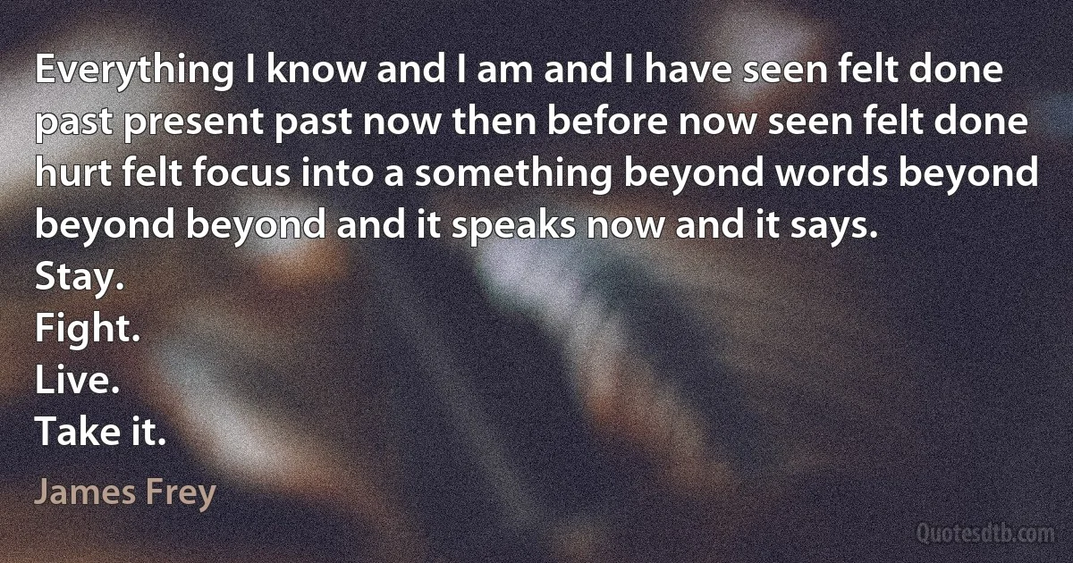 Everything I know and I am and I have seen felt done past present past now then before now seen felt done hurt felt focus into a something beyond words beyond beyond beyond and it speaks now and it says.
Stay.
Fight.
Live.
Take it. (James Frey)