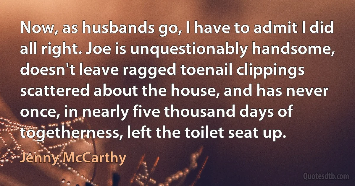 Now, as husbands go, I have to admit I did all right. Joe is unquestionably handsome, doesn't leave ragged toenail clippings scattered about the house, and has never once, in nearly five thousand days of togetherness, left the toilet seat up. (Jenny McCarthy)