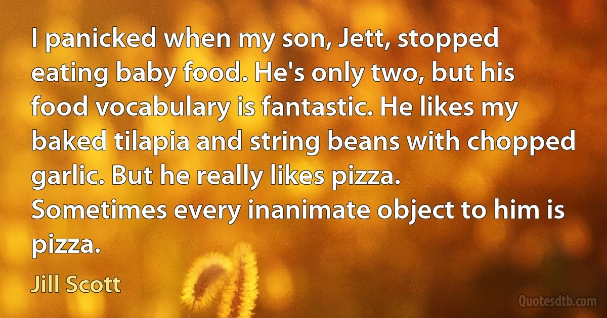 I panicked when my son, Jett, stopped eating baby food. He's only two, but his food vocabulary is fantastic. He likes my baked tilapia and string beans with chopped garlic. But he really likes pizza. Sometimes every inanimate object to him is pizza. (Jill Scott)