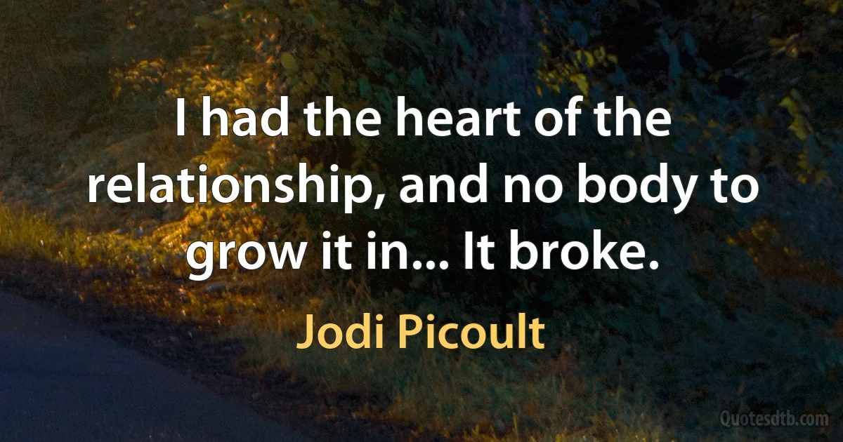 I had the heart of the relationship, and no body to grow it in... It broke. (Jodi Picoult)