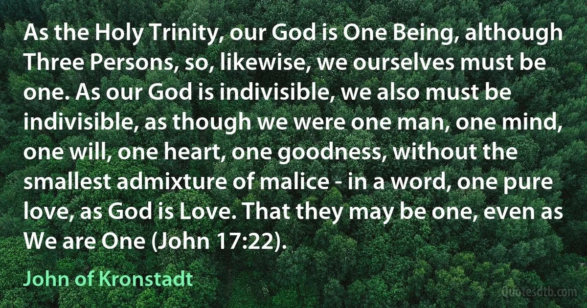 As the Holy Trinity, our God is One Being, although Three Persons, so, likewise, we ourselves must be one. As our God is indivisible, we also must be indivisible, as though we were one man, one mind, one will, one heart, one goodness, without the smallest admixture of malice - in a word, one pure love, as God is Love. That they may be one, even as We are One (John 17:22). (John of Kronstadt)