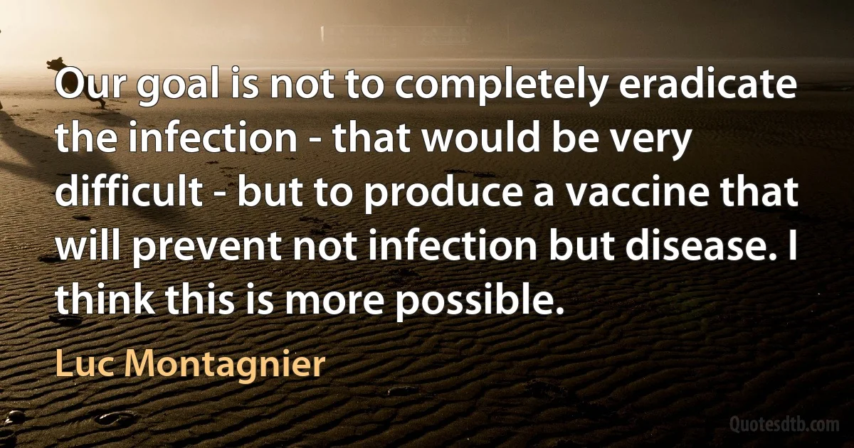 Our goal is not to completely eradicate the infection - that would be very difficult - but to produce a vaccine that will prevent not infection but disease. I think this is more possible. (Luc Montagnier)