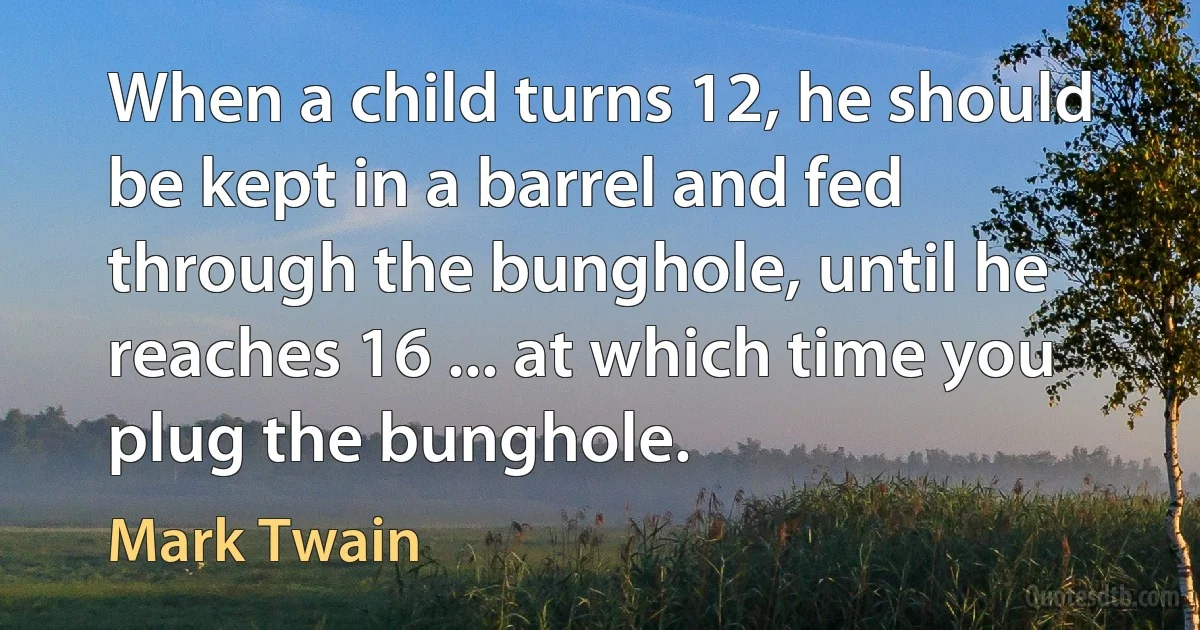 When a child turns 12, he should be kept in a barrel and fed through the bunghole, until he reaches 16 ... at which time you plug the bunghole. (Mark Twain)