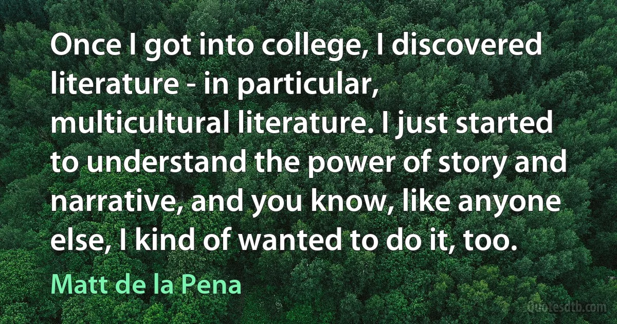 Once I got into college, I discovered literature - in particular, multicultural literature. I just started to understand the power of story and narrative, and you know, like anyone else, I kind of wanted to do it, too. (Matt de la Pena)