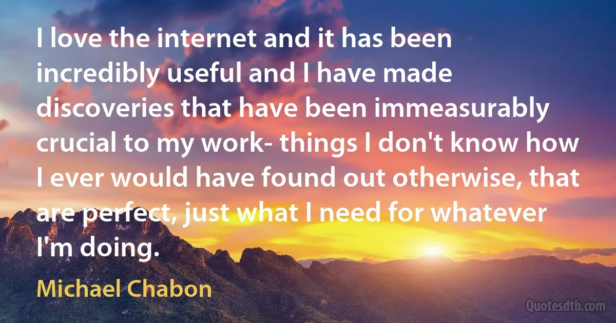 I love the internet and it has been incredibly useful and I have made discoveries that have been immeasurably crucial to my work- things I don't know how I ever would have found out otherwise, that are perfect, just what I need for whatever I'm doing. (Michael Chabon)