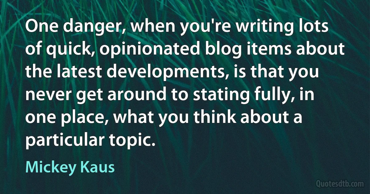 One danger, when you're writing lots of quick, opinionated blog items about the latest developments, is that you never get around to stating fully, in one place, what you think about a particular topic. (Mickey Kaus)